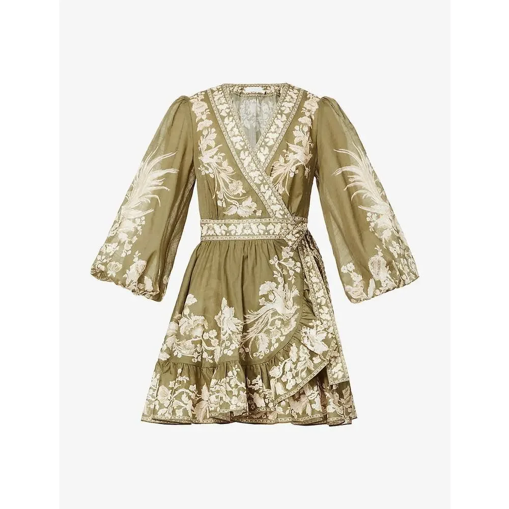 NWOT ZIMMERMANN Anneke Floral-Pattern Cotton Mini Wrap-Dress Sz 3 (US 10) - Picture 5 of 10